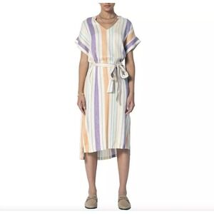 Tart Cassia Dress Women's Medium MIDI Playful Stripe Tie Waist Linen Blend Beach